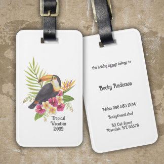 Étiquette À Bagage Oiseau toucan parmi les fleurs tropicales, vacance