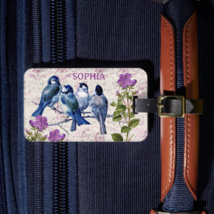 Étiquette À Bagage Oiseaux bleus vintages, Fleurs violettes, Musique 