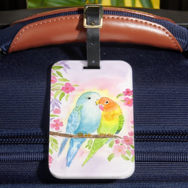 Étiquette À Bagage Oiseaux d'amour à l'aquarelle avec fleurs roses (Insitu Rectoal 2)