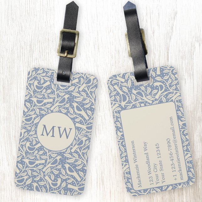Étiquette À Bagage Oiseaux du Patrimoine Monogramme (Heritage Arts and Crafts style bird and branches monogram initial personalized luggage tag)