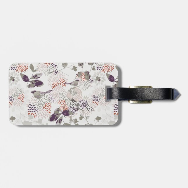 Étiquette À Bagage Oiseaux et papier peint pourpres de fleurs (Dos horizontal)
