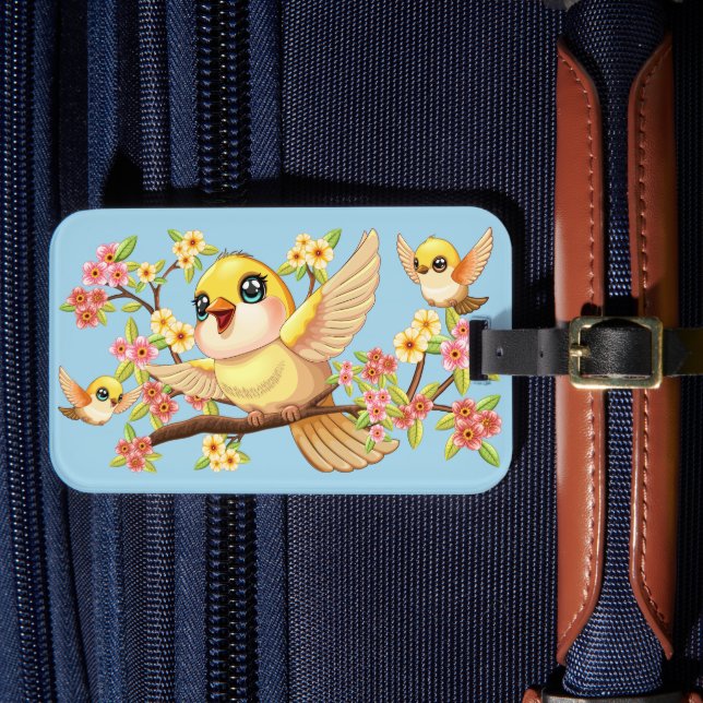 Étiquette À Bagage Oiseaux mignons et heureux parmi les fleurs du pri (Insitu Rectoal 4)