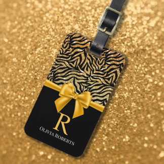Étiquette À Bagage Ombre Parties scintillant Zebra Yellow Bow Monogra