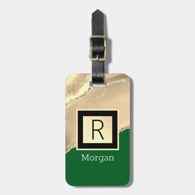 Étiquette À Bagage Or Agare, nom blanc & monogramme noir, Vert  (Devant Vertical)