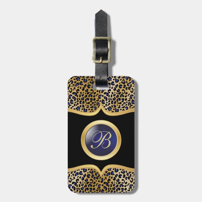 Étiquette À Bagage Or et bleu du monogramme | du poster de animal | (Devant Vertical)