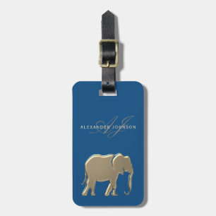 Étiquette À Bagage Or Monogramme Éléphant Bleu Or