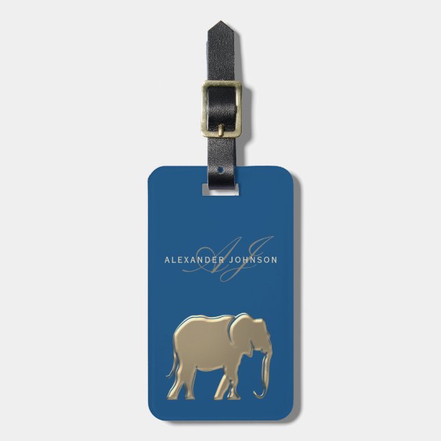 Étiquette À Bagage Or Monogramme Éléphant Bleu Or (Devant Vertical)