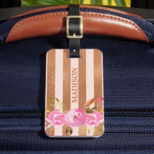 Étiquette À Bagage Or Monogrammé Fleur Florale Rayée