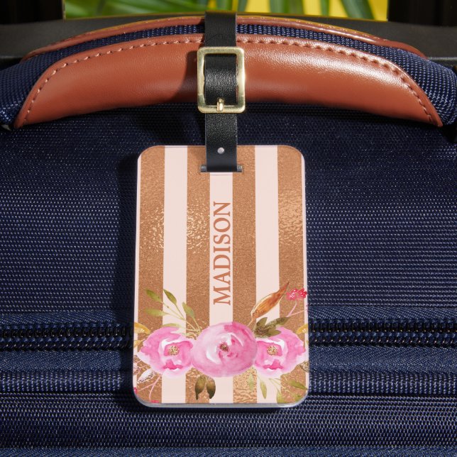 Étiquette À Bagage Or Monogrammé Fleur Florale Rayée (Insitu Rectoal 2)
