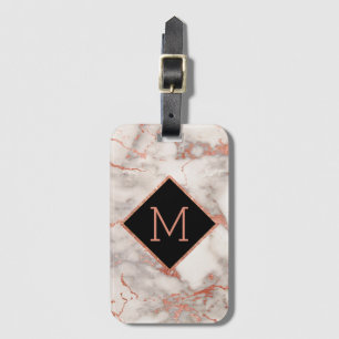 Étiquette À Bagage or rose moderne et monogramme noir sur marbre