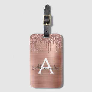 Étiquette À Bagage Or rose - Paillettes Rose Blush Monogramme Métal N