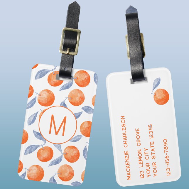 Étiquette À Bagage Orange Citrus Watercolor Monogram Mediterranean (Mediterranean watercolor citrus orange fruit pattern monogram initial luggage tag)