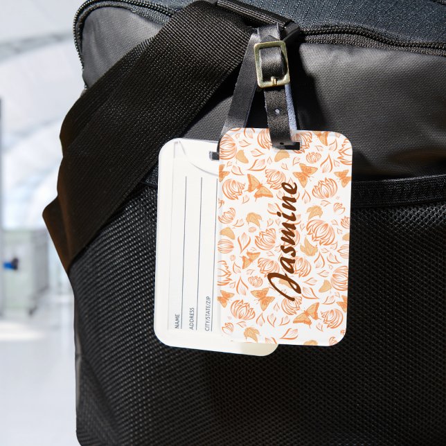 Étiquette À Bagage Orange Papillon Floral Motif Personnalisé Monogram (Créateur téléchargé)