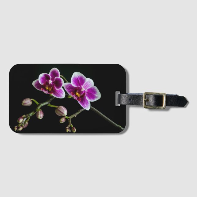 Étiquette À Bagage Orchidée rose blanc couleur sur noir pâle doux (Devant Horizontal)