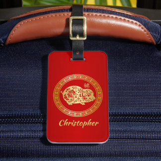 Étiquette À Bagage Ornate Golden Red Papercut Année du cochon
