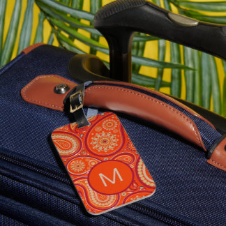 Étiquette À Bagage Ornate Orange Paisley Pattern Monogram