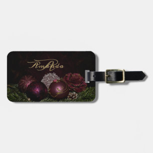 Étiquette À Bagage Ornement Rose Monogramme de Noël Vert Noir