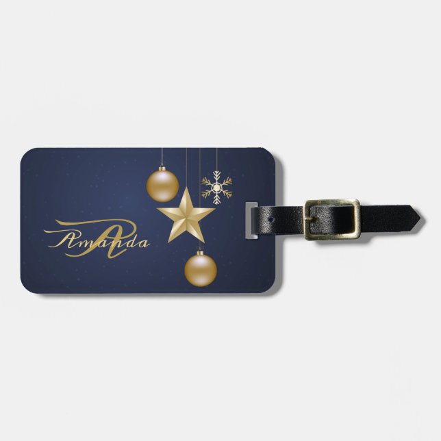 Étiquette À Bagage Ornements dorés de monogramme de Noël bleu marine (Devant horizontal)