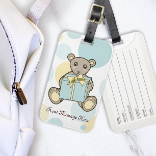 Étiquette À Bagage Ours en peluche bleu pastel et jaune pour enfants