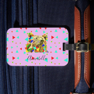 Étiquette À Bagage Ours Grizzli rose moderne