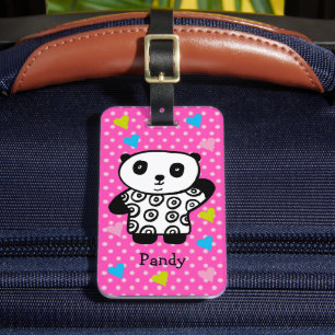 Étiquette À Bagage Ours Panda Mignon Rose Féminin Points de Cœur