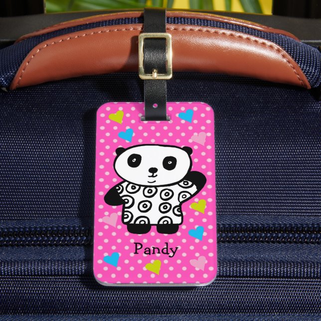 Étiquette À Bagage Ours Panda Mignon Rose Féminin Points de Cœur (Insitu Rectoal 2)