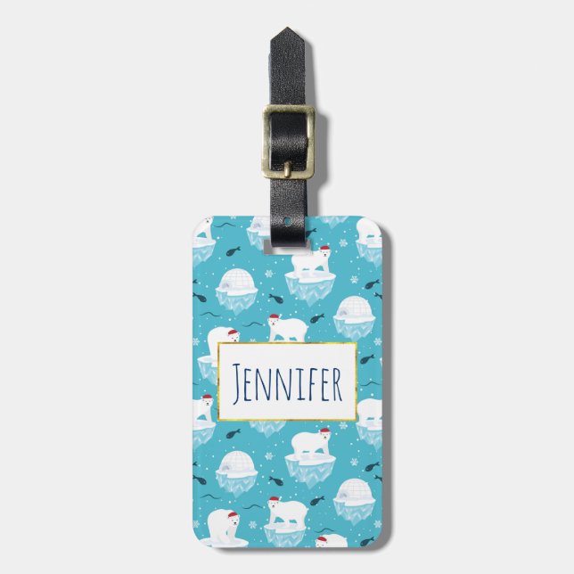 Étiquette À Bagage Ours polaires mignons à Santa Hats Motif de Noël (Devant Vertical)