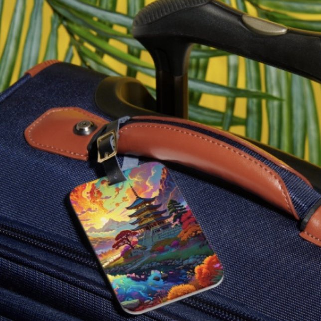 Étiquette À Bagage Pagode et paysage coloré (Vibrant Pagoda  Fantasy Landscape single-sided w Card Slot, weatherproof, leather strap included. 
)