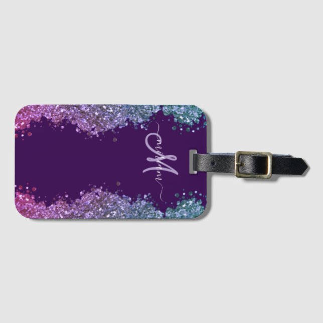 Étiquette À Bagage Pailleté Monogramme Moderne Violet Bleu Turquoise  (Devant Horizontal)