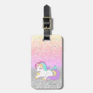 Étiquette À Bagage Pailleté stylé Bokeh, Licorne arc-en-ciel, Étoiles