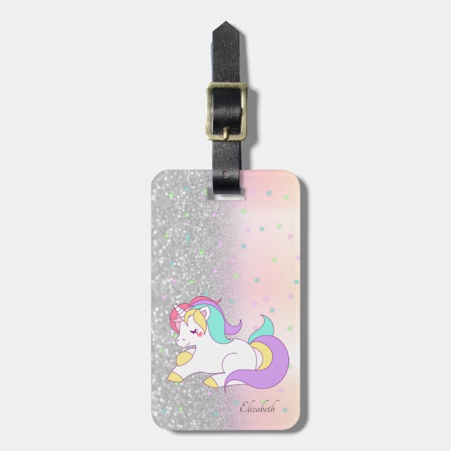Étiquette À Bagage Pailleté stylé Bokeh, Licorne, Étoiles (Devant Vertical)