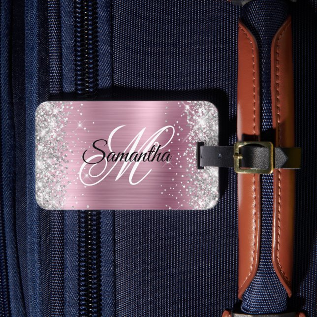 Étiquette À Bagage Paillettes Argent Rose Clair Monogramme Feuille de (Insitu Rectoal 4)