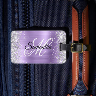 Étiquette À Bagage Paillettes Argentées Lila Clair Feuille