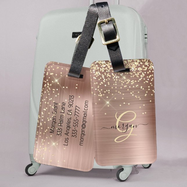 Étiquette À Bagage Paillettes dorées, monogramme doré, nom en script  (Créateur téléchargé)