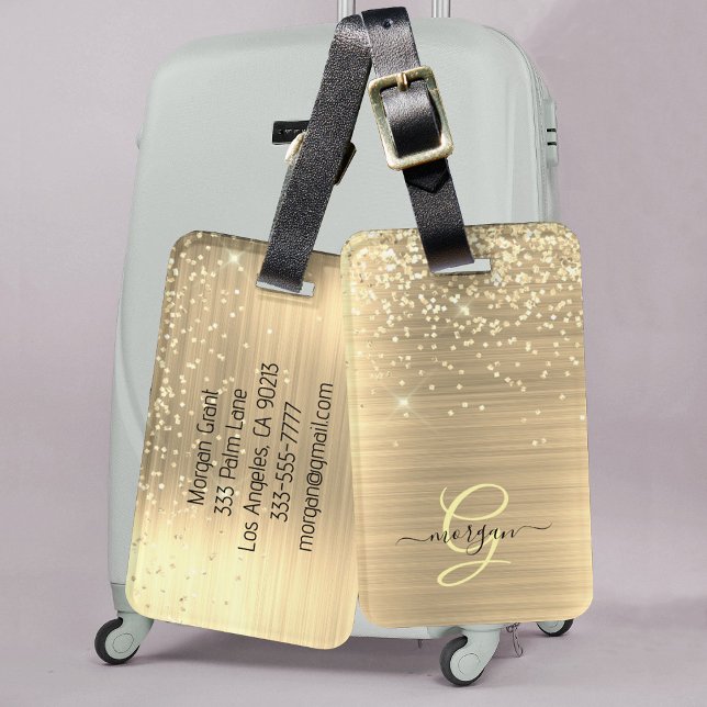 Étiquette À Bagage Paillettes dorées & monogramme, nom en écriture no (Créateur téléchargé)