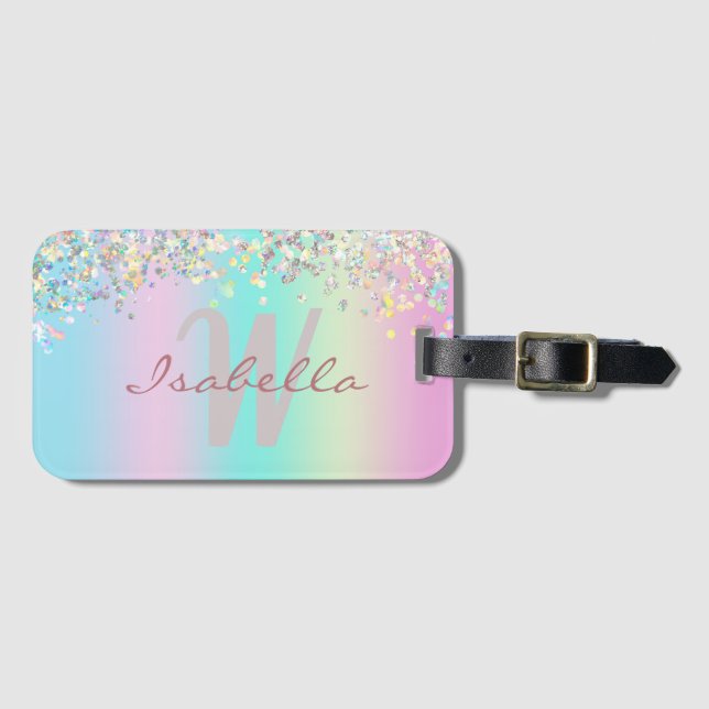 Étiquette À Bagage Paillettes holographiques de licorne (Devant Horizontal)