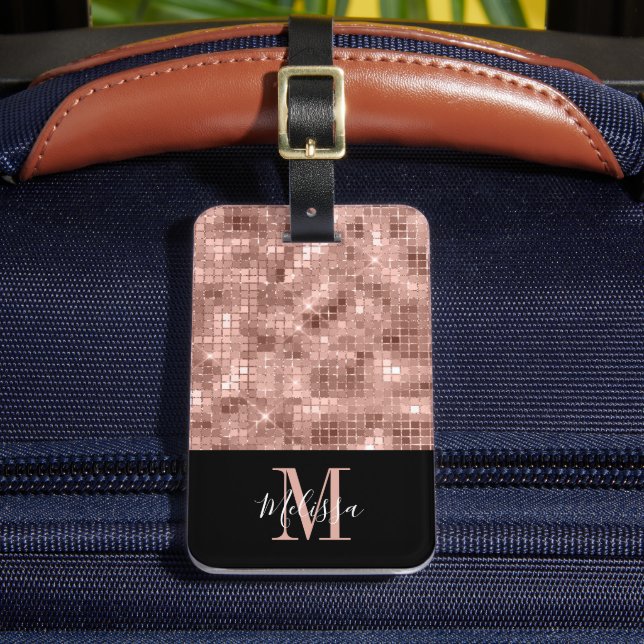 Étiquette À Bagage Paillettes Or Rose Monogramme Élégant (Insitu Rectoal 2)