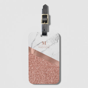 Étiquette À Bagage Paillettes Rose Féminin   Marbre Monogramme