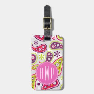 Étiquette À Bagage Paisley et monogramme rose