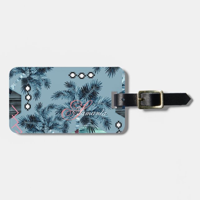Étiquette À Bagage Palm Hawaiian bleu noir monogramme personnalisé (Devant horizontal)