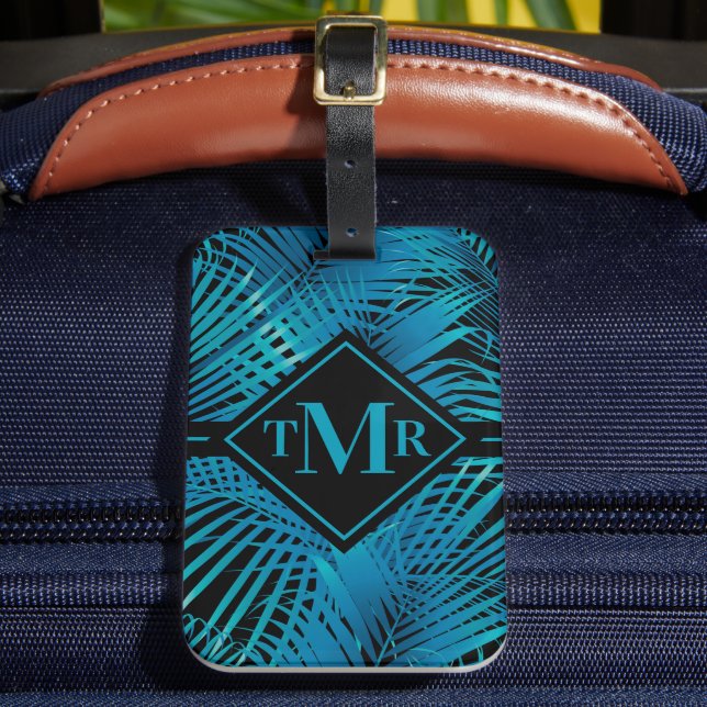 Étiquette À Bagage Palme noir turquoise monogramme (Insitu Rectoal 2)