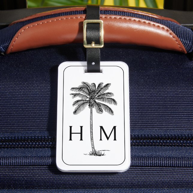 Étiquette À Bagage Palmier noir et blanc Monogramme de palmier (Insitu Rectoal 2)