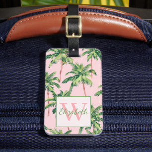 Étiquette À Bagage Palmiers tropicaux sur Monogramme rose