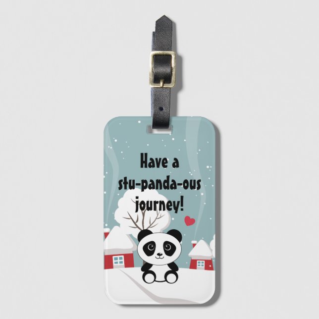 Étiquette À Bagage Panda Bébé Cute En Hiver Gris Neige (Devant Vertical)
