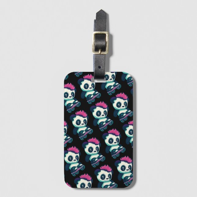 Étiquette À Bagage Panda bébé mignonne avec mohawk | Panda de patinag (Devant Vertical)