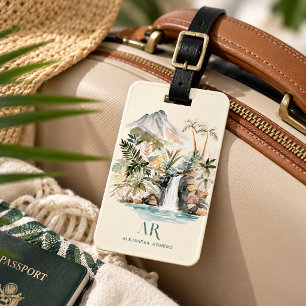 Étiquette À Bagage Papier aquarelle Cascade Tropicale   Monogramme