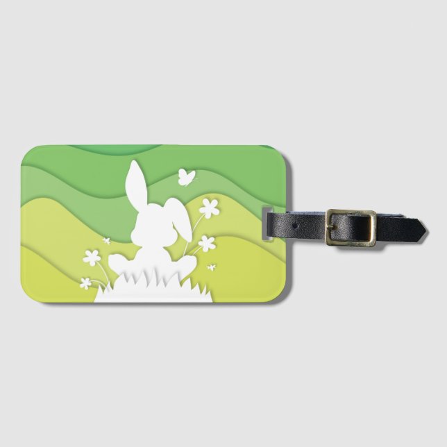 Étiquette À Bagage Papier lapin de Pâques coupé vert nature printemps (Devant Horizontal)