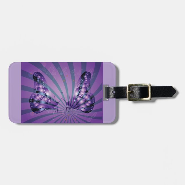 Étiquette À Bagage Papillon Abstrait Violet avec des Ailes Radiantes (Devant horizontal)