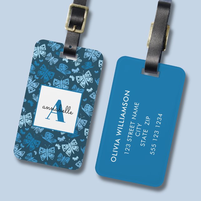 Étiquette À Bagage Papillon bleu fantaisiste (Blue butterfly personalized luggage tag)