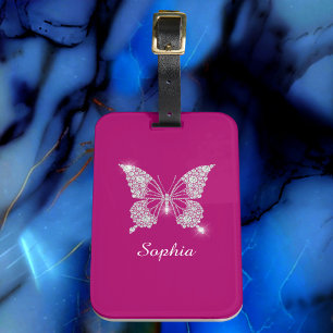 Étiquette À Bagage Papillon Diamant Blanc, Nom du script, Fuchsia pro
